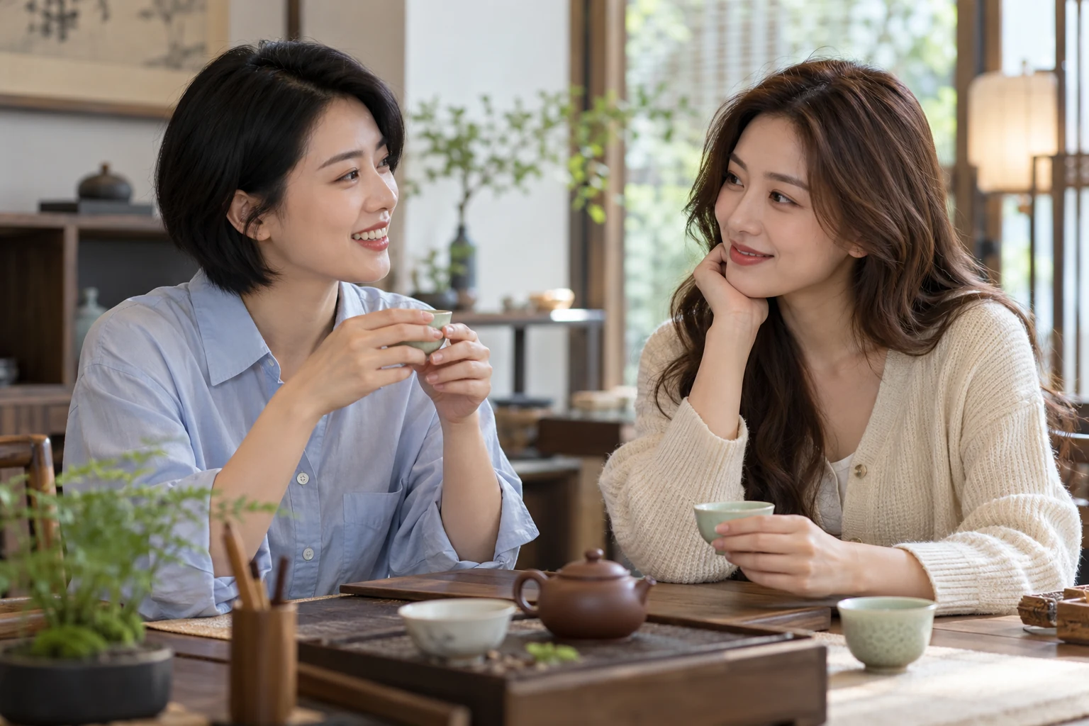 茶室中朋友边品茶边交流的室内场景示意
