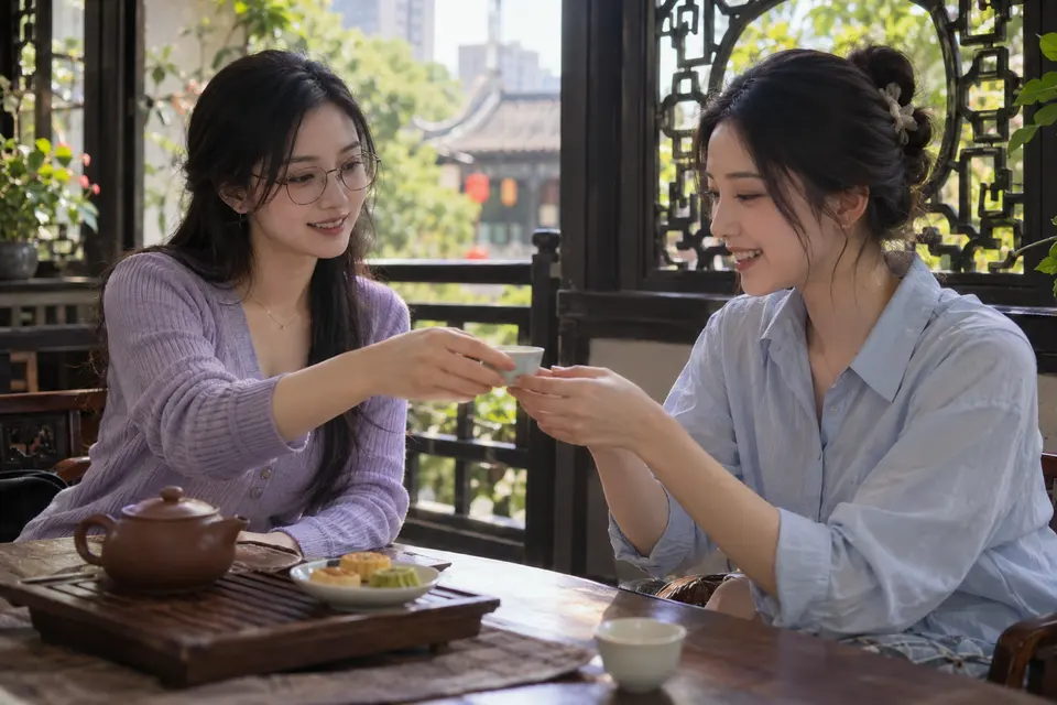 茶点与茶杯摆在桌上的交流场景示意