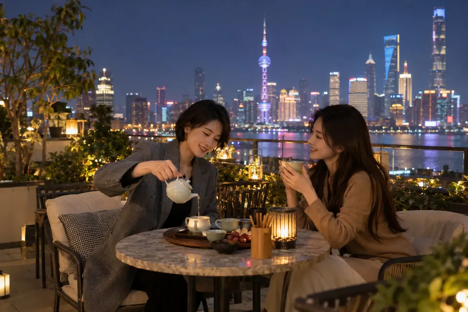夜间露台茶席上几位朋友围坐倒茶交流的场景