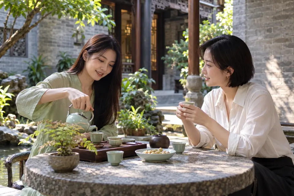 庭院茶席中倒茶交流的场景示意